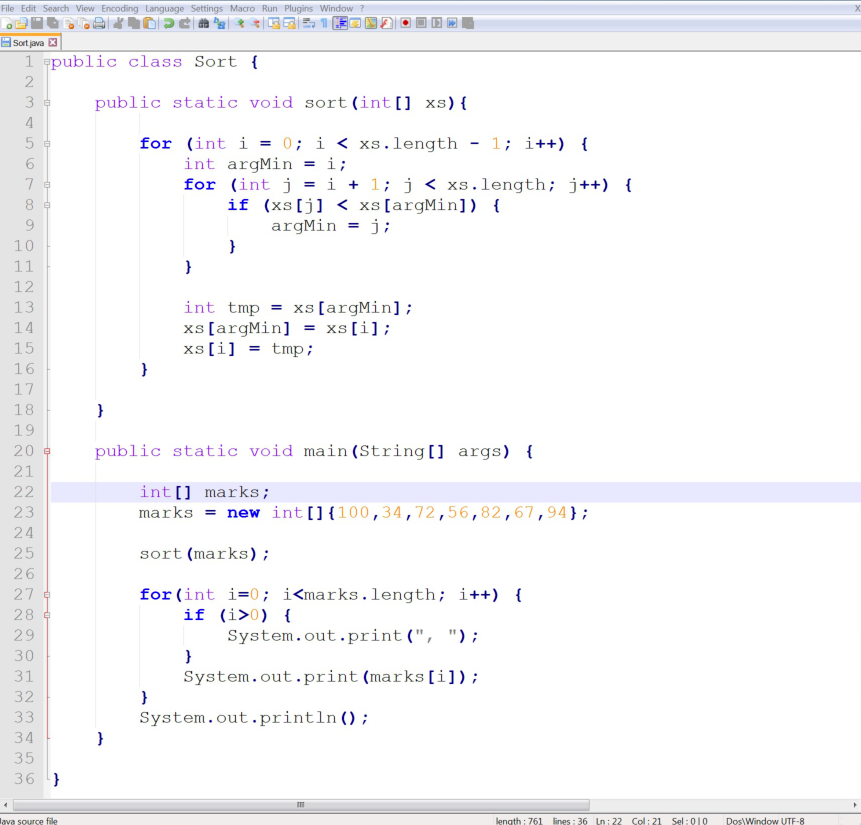 Editing a “selection sort” program using the source code editor Notepad++ in Windows. Editing a “selection sort” program using the source code editor Notepad++ in Windows.